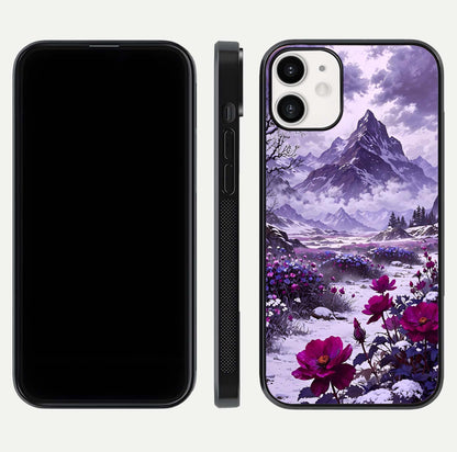 Flower Mountain View Glass Case for iPhone 12 Mini dual-view layout displaying scenic tones and curved glass finish