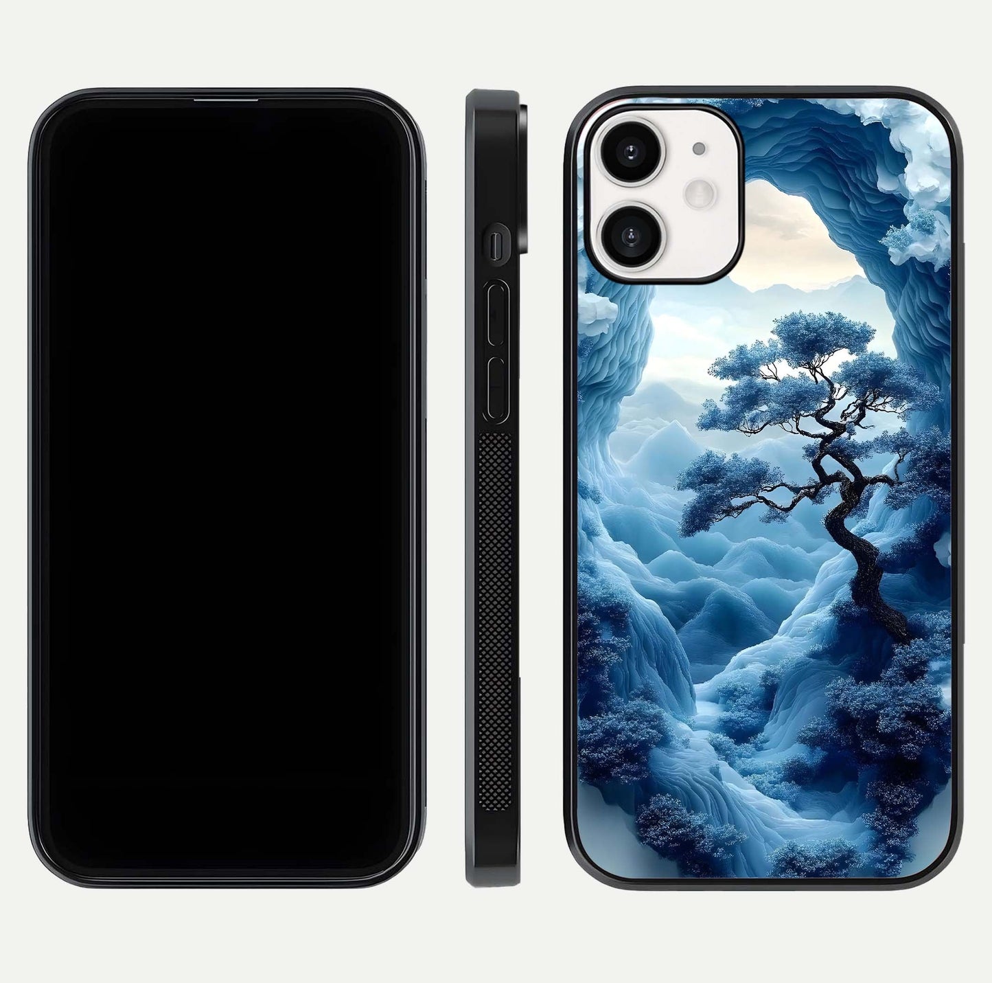 Frozen Serenity Gate Glass Case for iPhone 12 Mini dual-view layout displaying winter theme and smooth curves