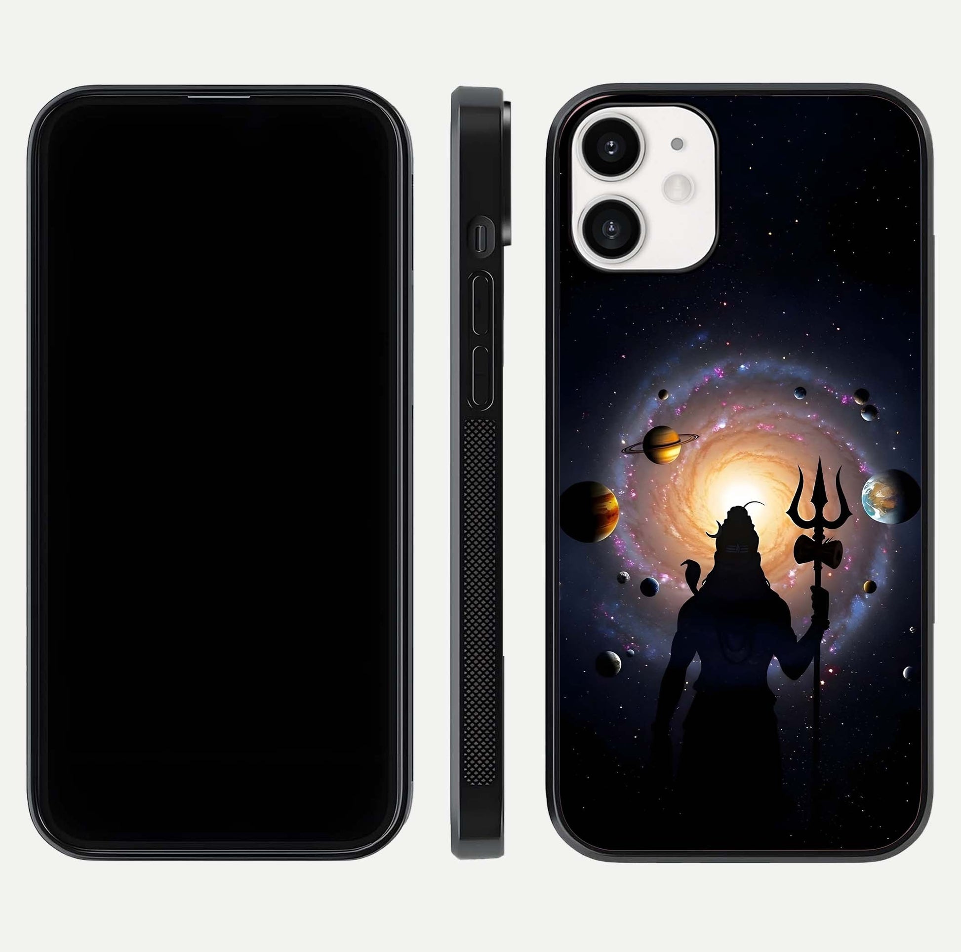 Galactic Shiva Vision Glass Case for iPhone 12 Mini front and back view layout showing celestial background and polished curved glass