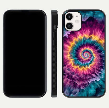 Galactic Spiral Burst Glass Case for iPhone 12 Mini front and back view layout highlighting cosmic swirl and curved edges