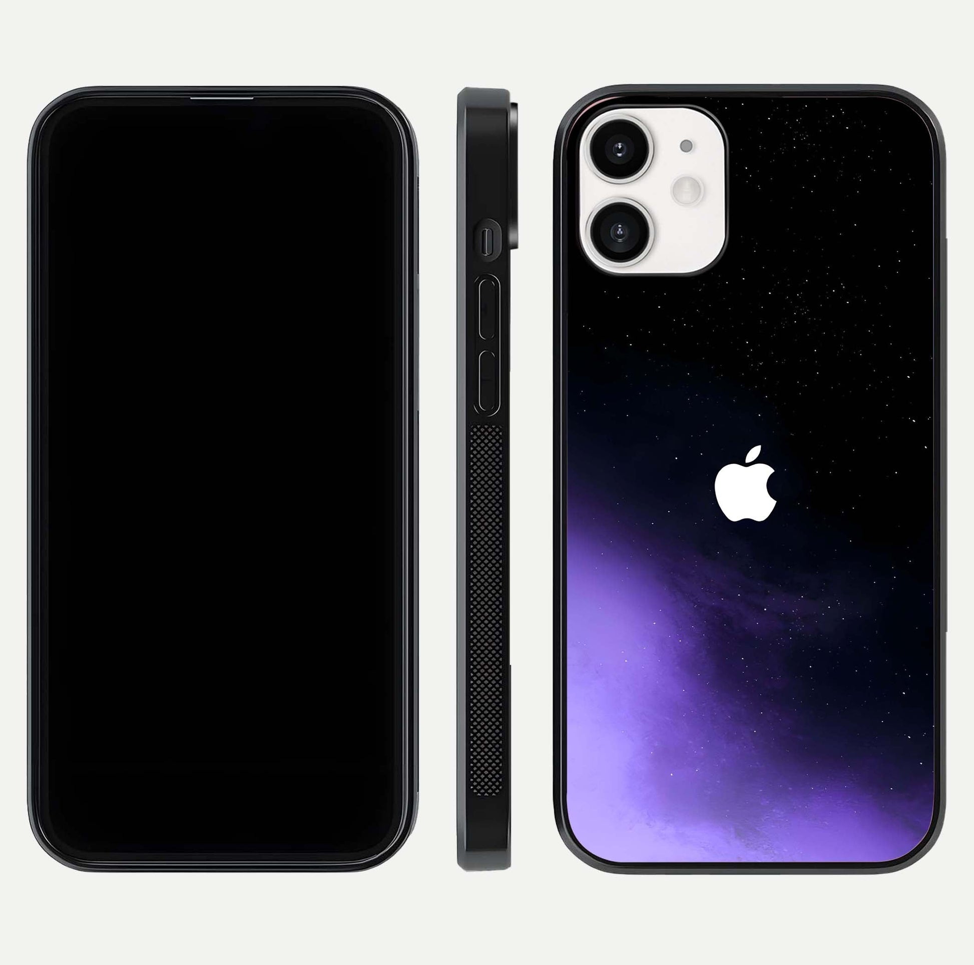 Galaxy Apple Aura Glass Case for iPhone 12 Mini front and back view layout displaying cosmic tones and premium curved glass edges