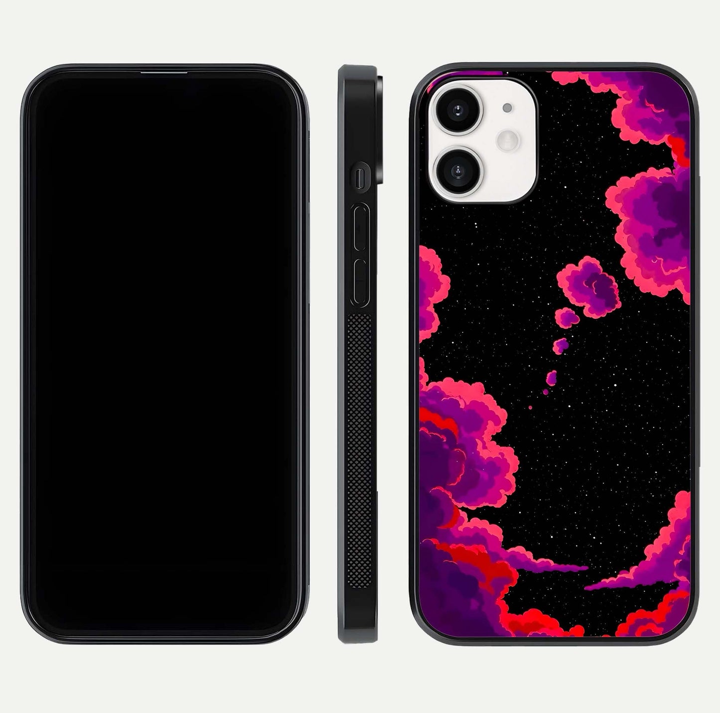 Galaxy Dream Frame Glass Case for iPhone 12 Mini front and back view layout highlighting cosmic design and smooth glass curvature