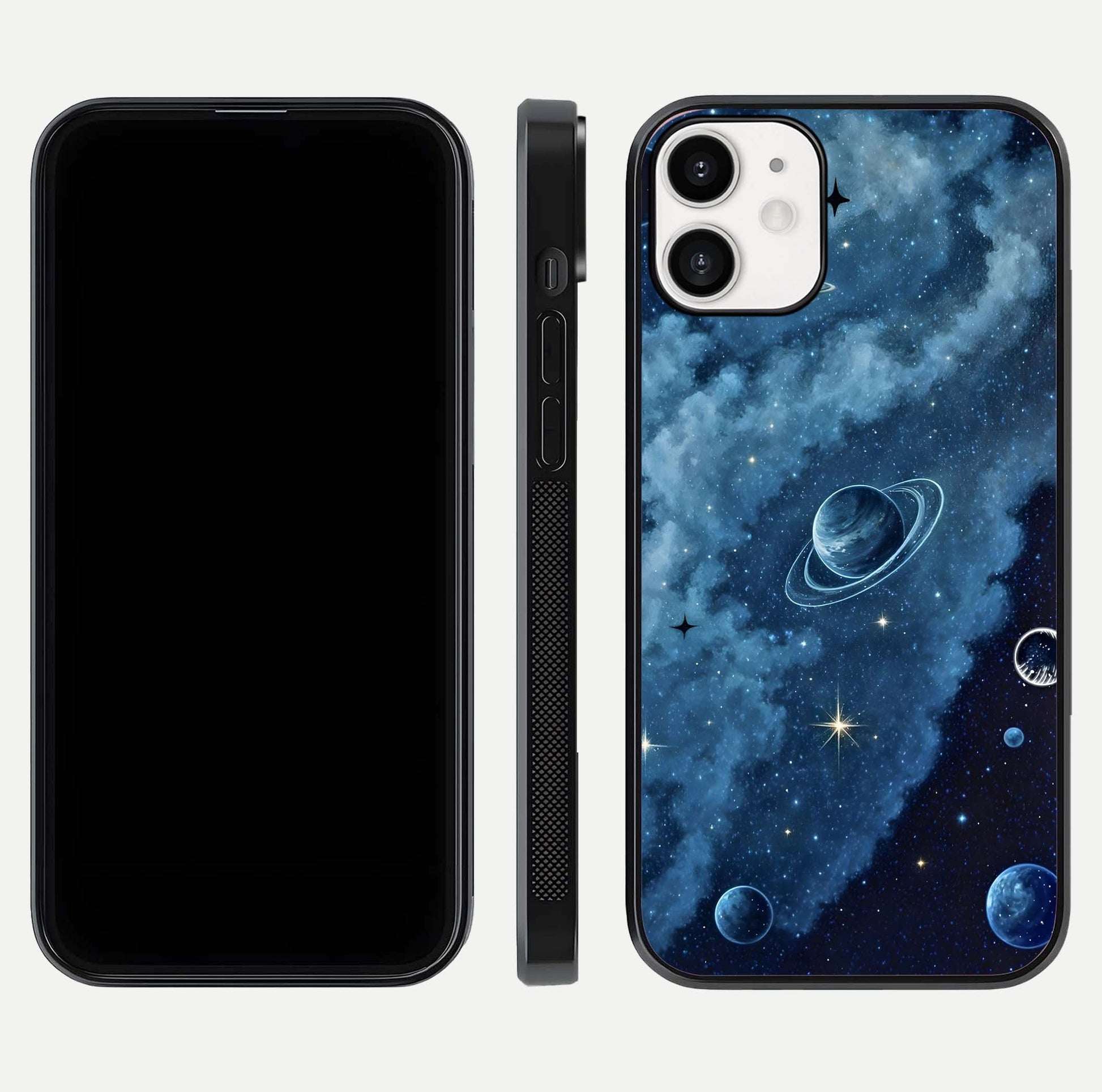 Galaxy Dream Space Glass Case for iPhone 12 Mini front and back view layout showing deep-space tones and curved edges
