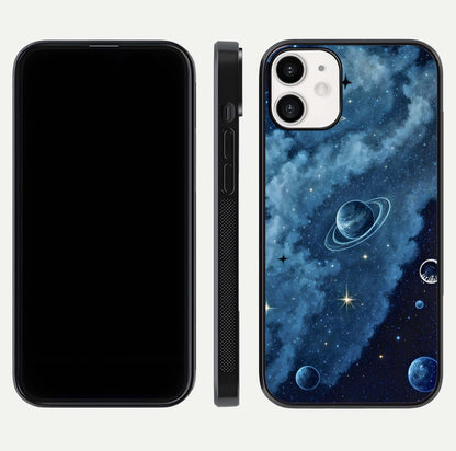 Galaxy Dream Space Glass Case for iPhone 12 Mini front and back view layout showing deep-space tones and curved edges
