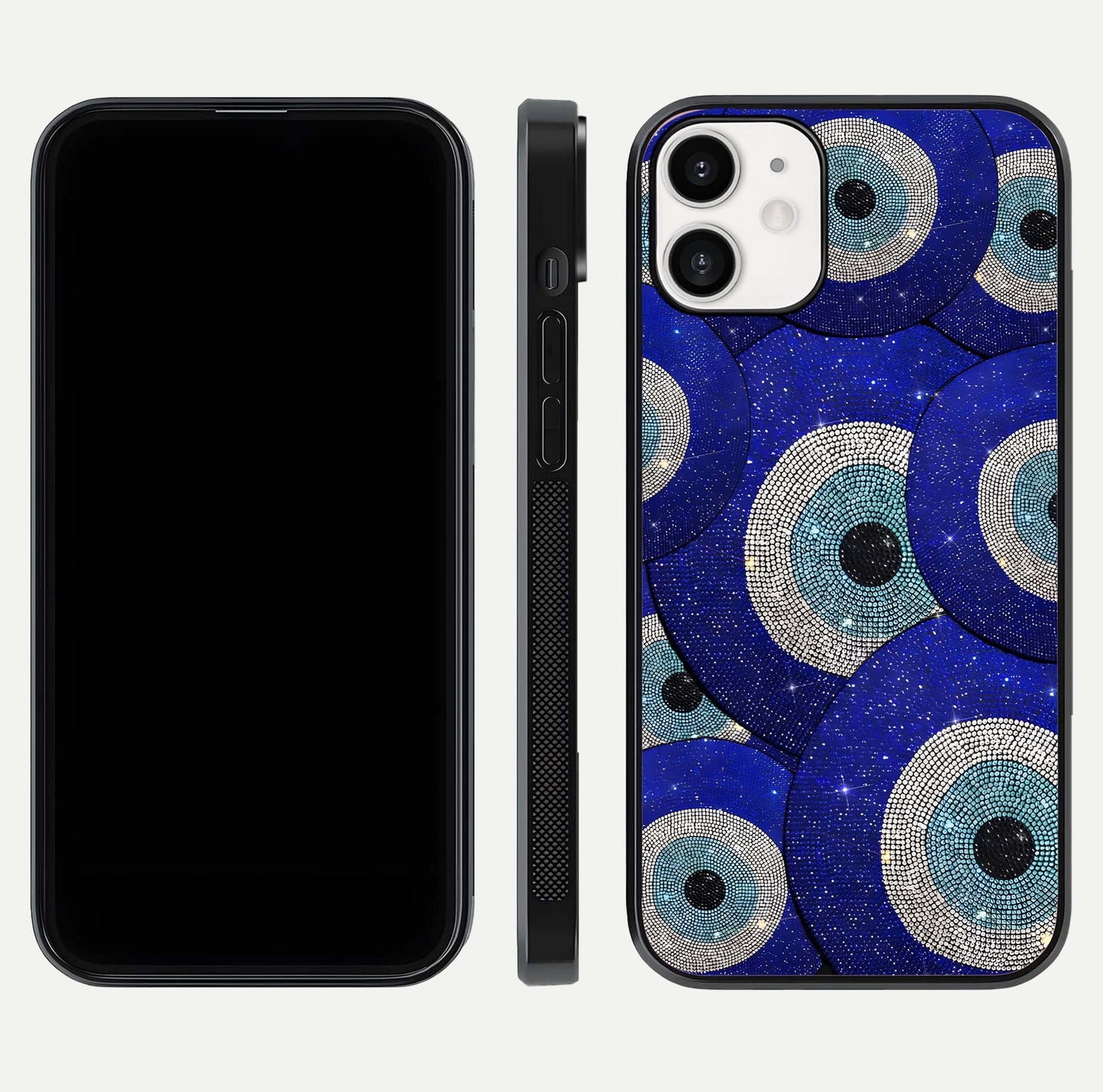 Galaxy Eye Flow Glass Case for iPhone 12 Mini front and back view layout displaying cosmic art and curved glass borders