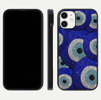 Galaxy Eye Flow Glass Case for iPhone 12 Mini front and back view layout displaying cosmic art and curved glass borders