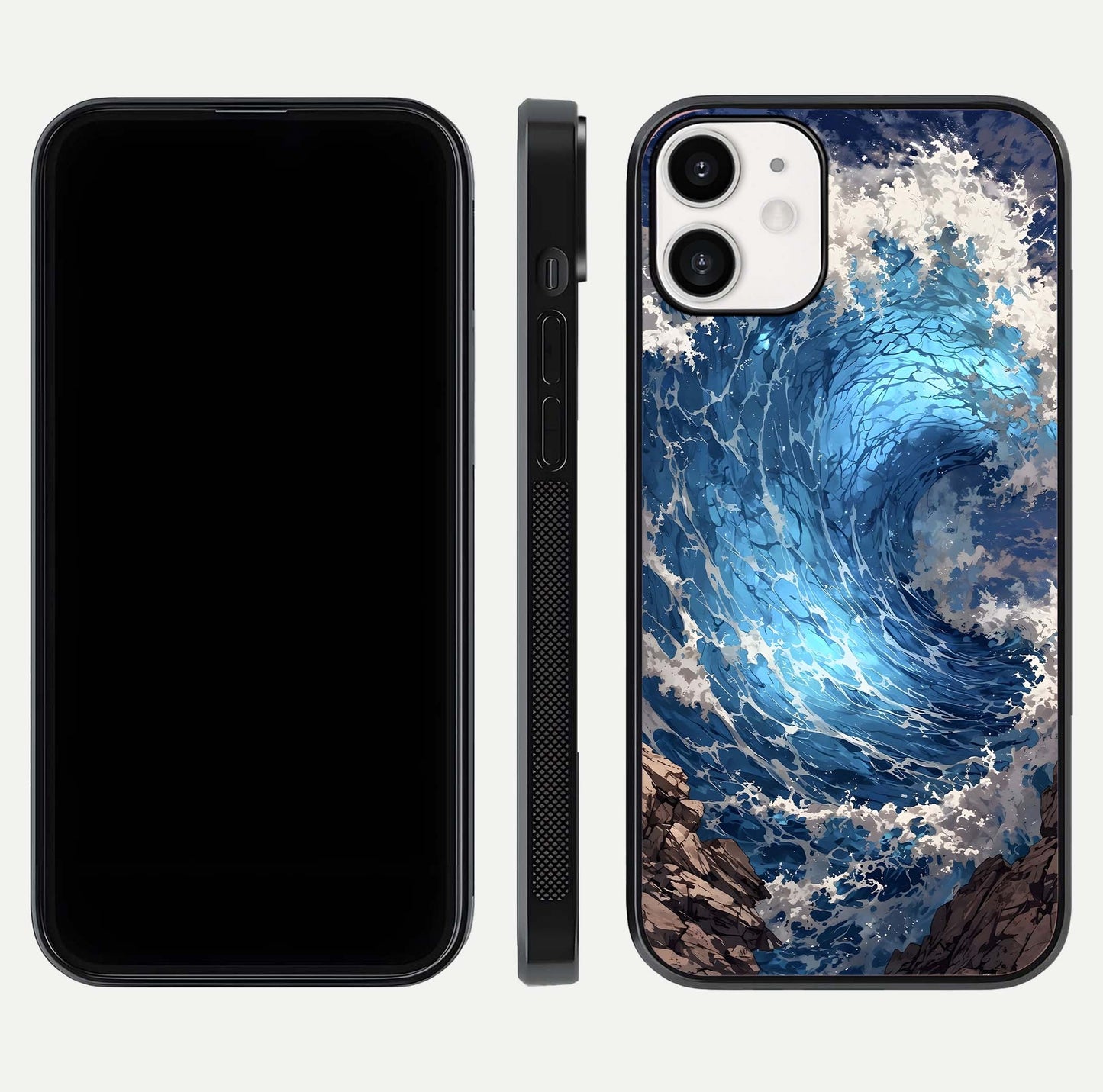 Giant Ocean Wave Glass Case for iPhone 12 Mini front and back view layout displaying sea tones and smooth curved edges