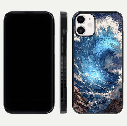 Giant Ocean Wave Glass Case for iPhone 12 Mini front and back view layout displaying sea tones and smooth curved edges