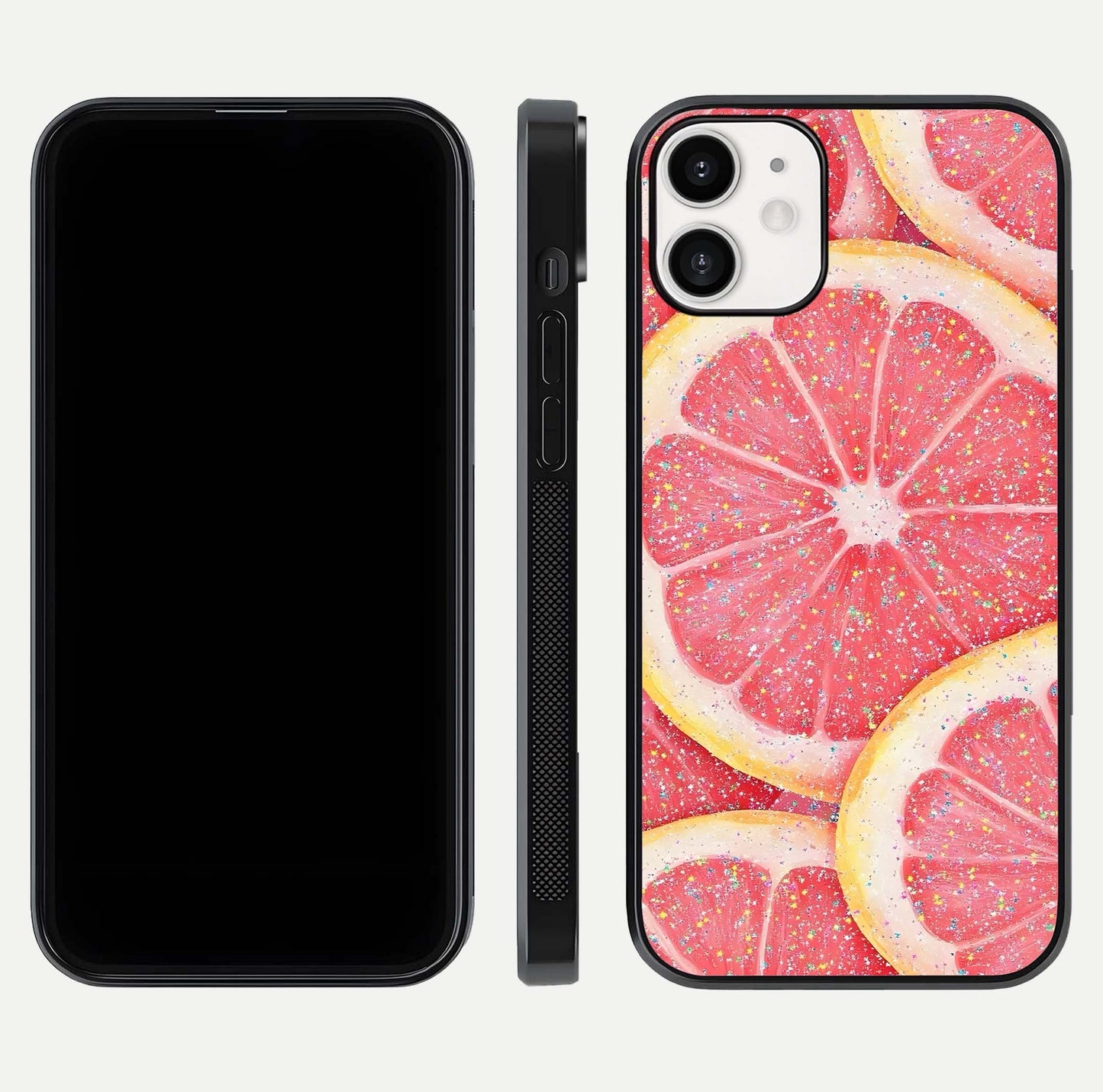 Glitter Grapefruit Glass Case for iPhone 12 Mini front and back view layout highlighting citrus hues and smooth glass