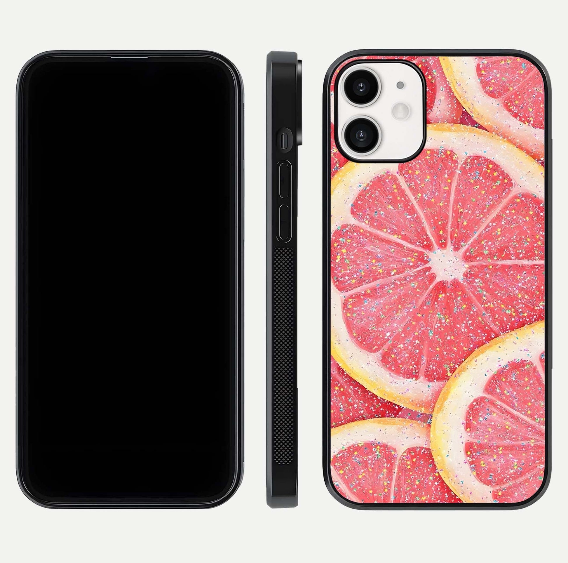 Glitter Grapefruit Glass Case for iPhone 12 Mini front and back view layout highlighting citrus hues and smooth glass