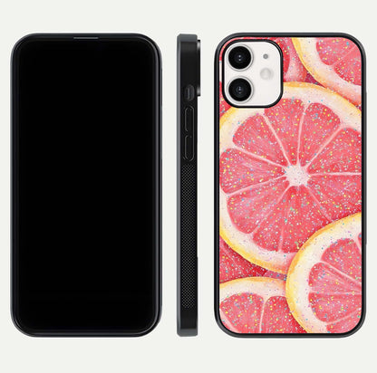 Glitter Grapefruit Glass Case for iPhone 12 Mini front and back view layout highlighting citrus hues and smooth glass