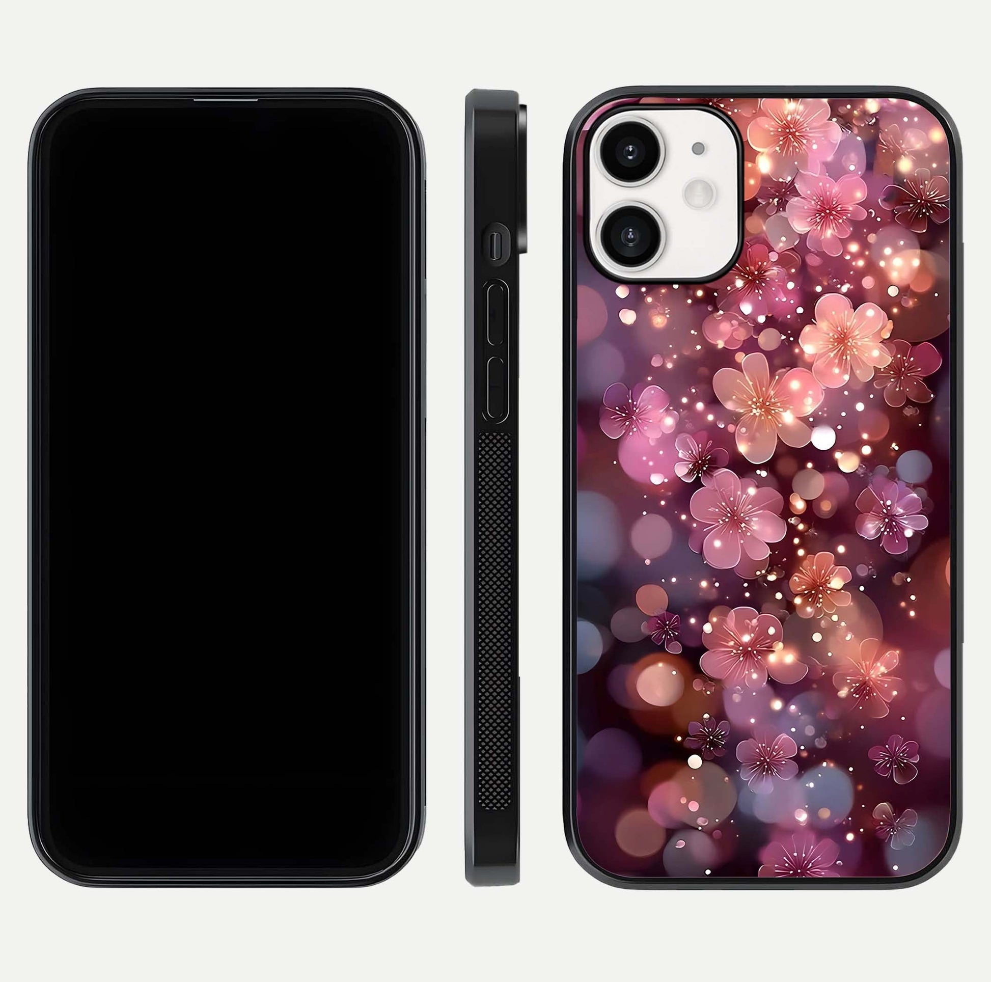 Glowing Petal Bliss Glass Case for iPhone 12 Mini front and back view layout displaying artistic floral design and curved glass