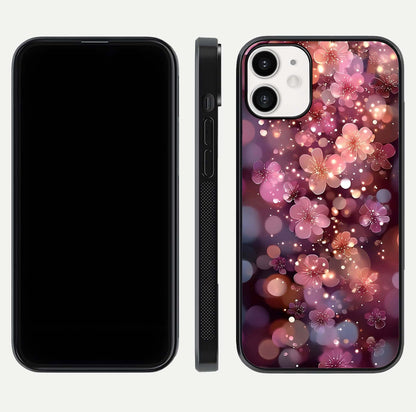 Glowing Petal Bliss Glass Case for iPhone 12 Mini front and back view layout displaying artistic floral design and curved glass