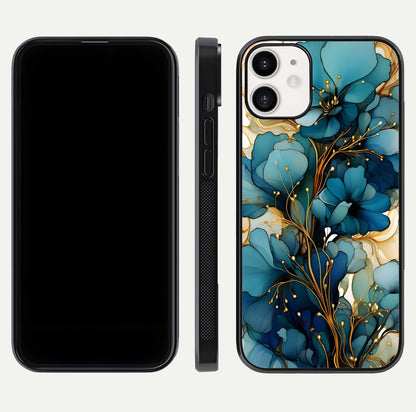 Golden Bloom Symphony Glass Case for iPhone 12 Mini front and back view layout highlighting rich floral tones and curved glass edges