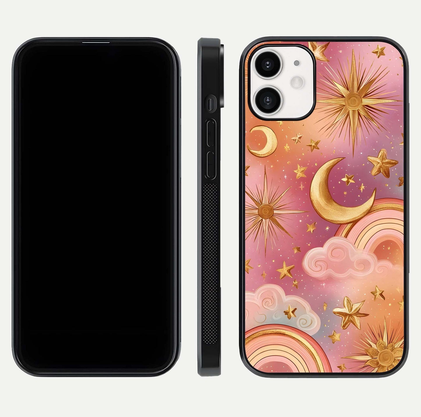 Golden Celestial Dreams Glass Case for iPhone 12 Mini front and back view layout highlighting celestial motifs and smooth curved edge