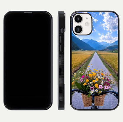 Golden Field Journey Glass Case for iPhone 12 Mini front and back view layout highlighting natural gradient and smooth glass finish