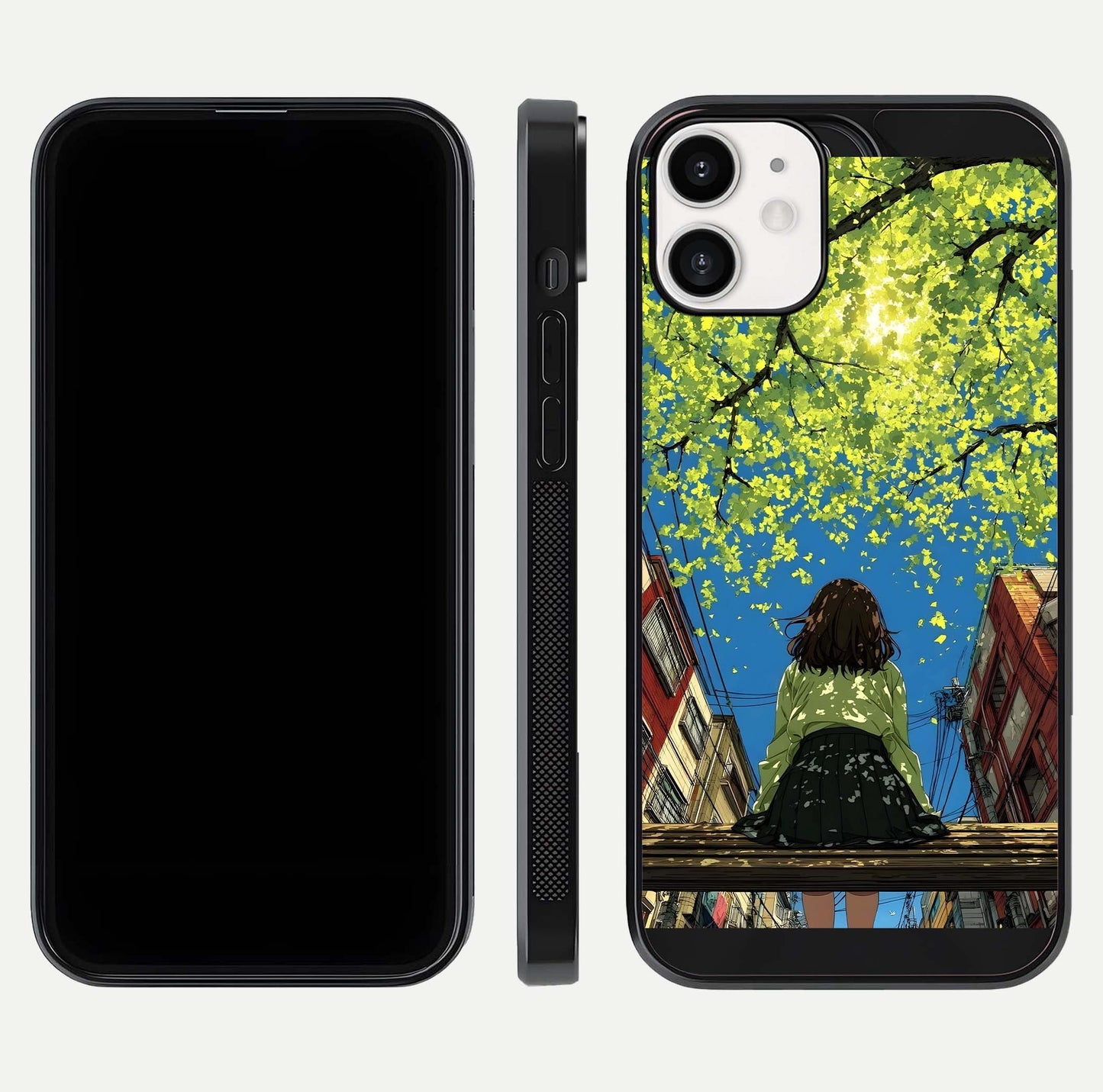 Golden Leaves Glow Glass Case for iPhone 12 Mini front and back view layout highlighting glowing tones and curved edges
