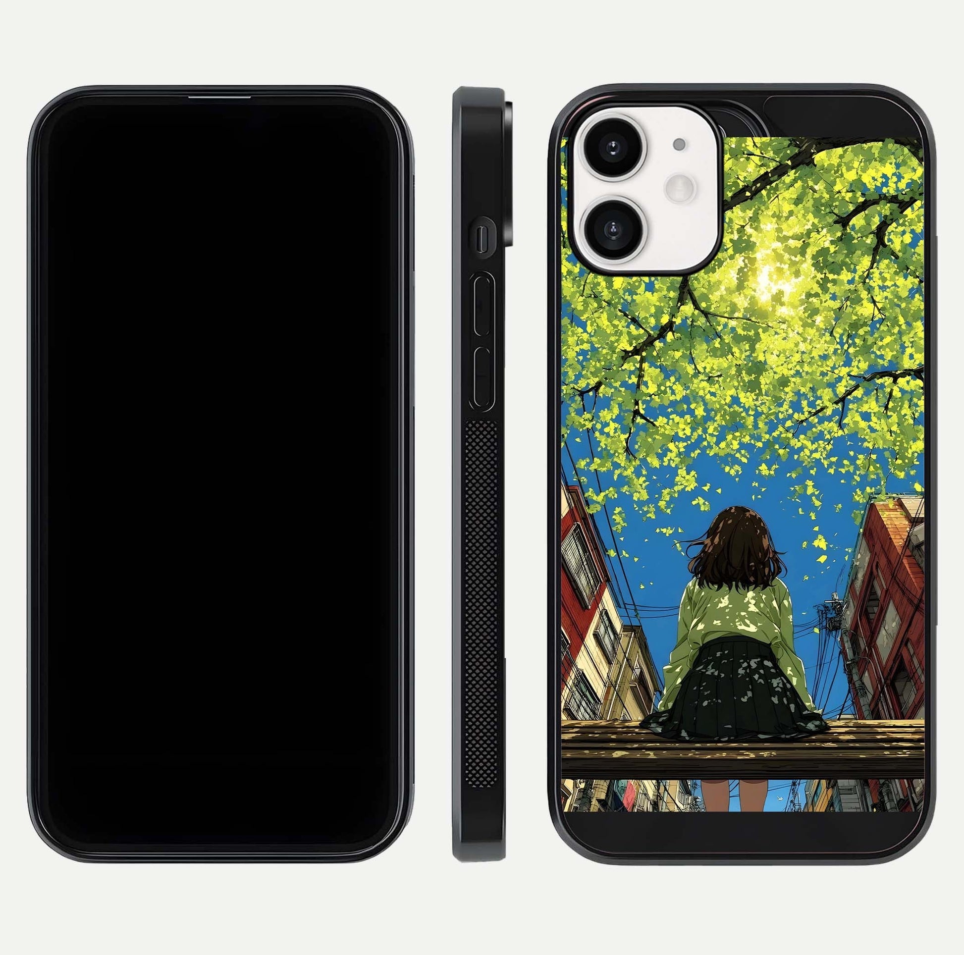 Golden Leaves Glow Glass Case for iPhone 12 Mini front and back view layout highlighting glowing tones and curved edges