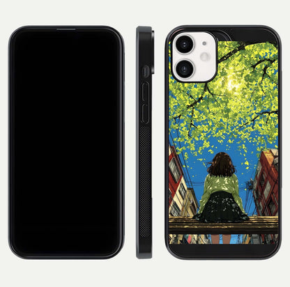 Golden Leaves Glow Glass Case for iPhone 12 Mini front and back view layout highlighting glowing tones and curved edges