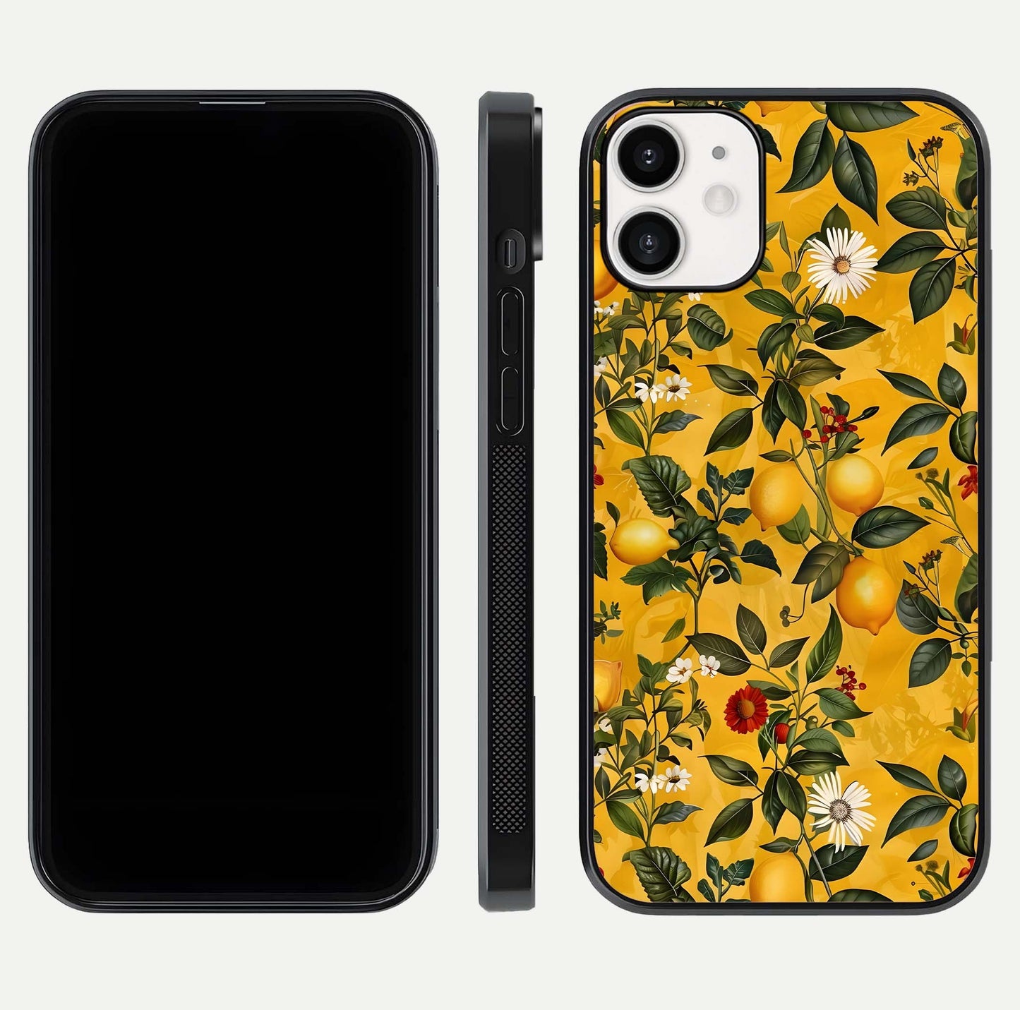 Golden Lemon Field Glass Case for iPhone 12 Mini front and back view layout highlighting fruity tones and curved glass edges