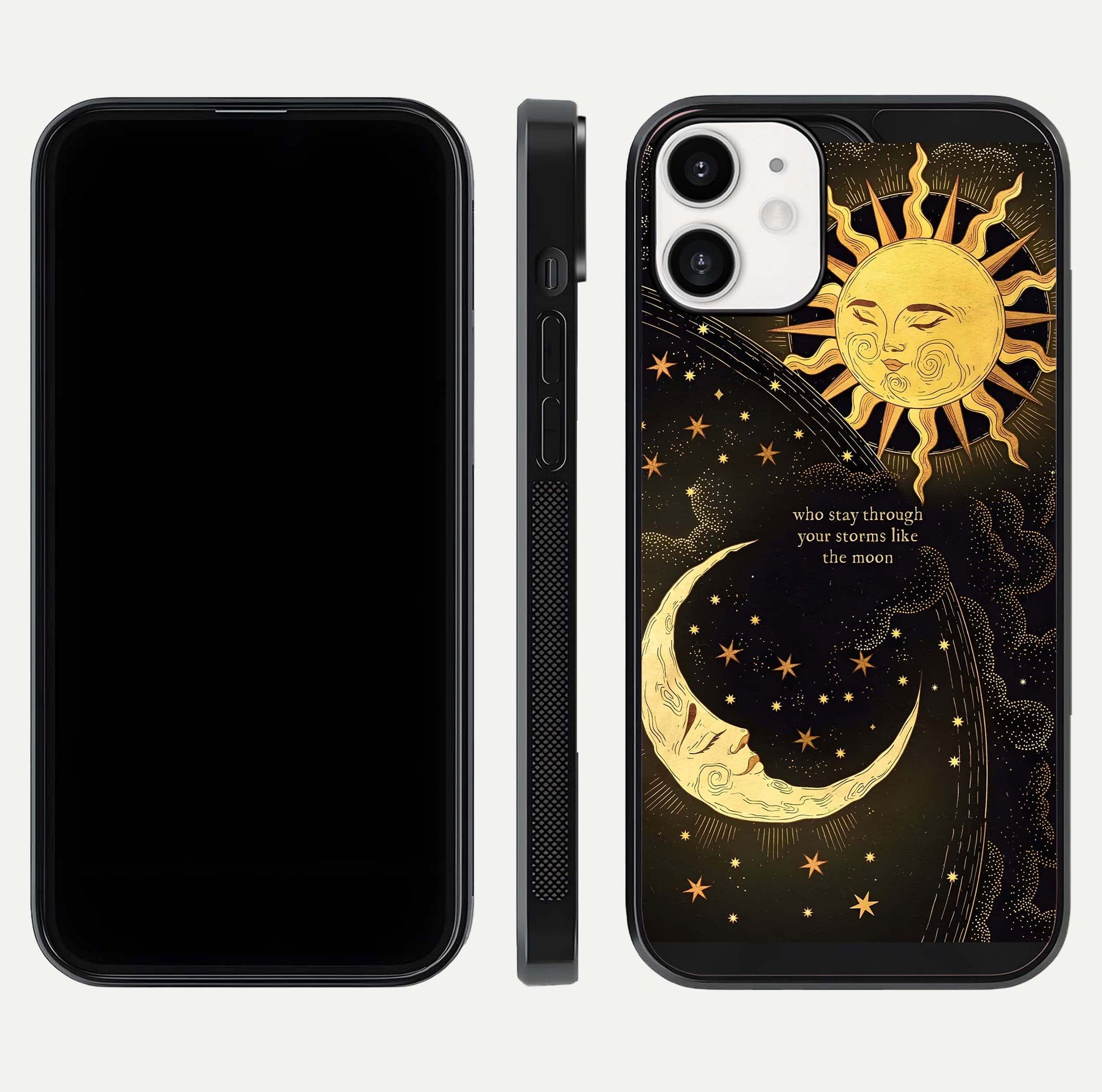 Golden Lunar Love Glass Case for iPhone 12 Mini front and back view layout highlighting celestial tones and curved edges