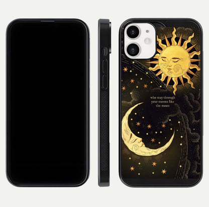 Golden Lunar Love Glass Case for iPhone 12 Mini front and back view layout highlighting celestial tones and curved edges