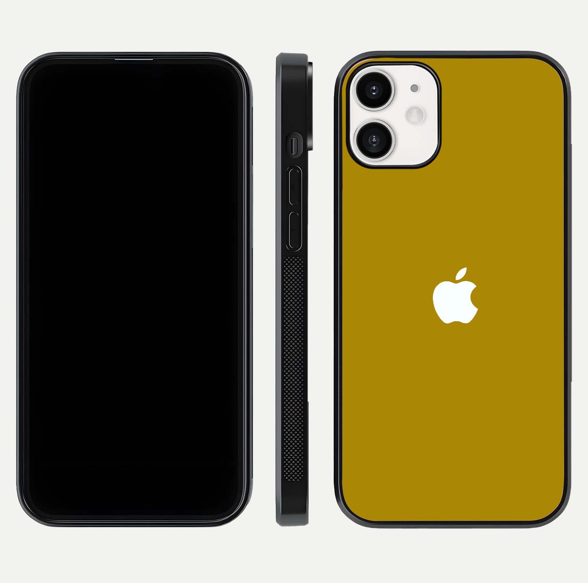 Golden Luxe Aura Glass Case for iPhone 12 Mini front and back view layout highlighting premium tone and curved glass