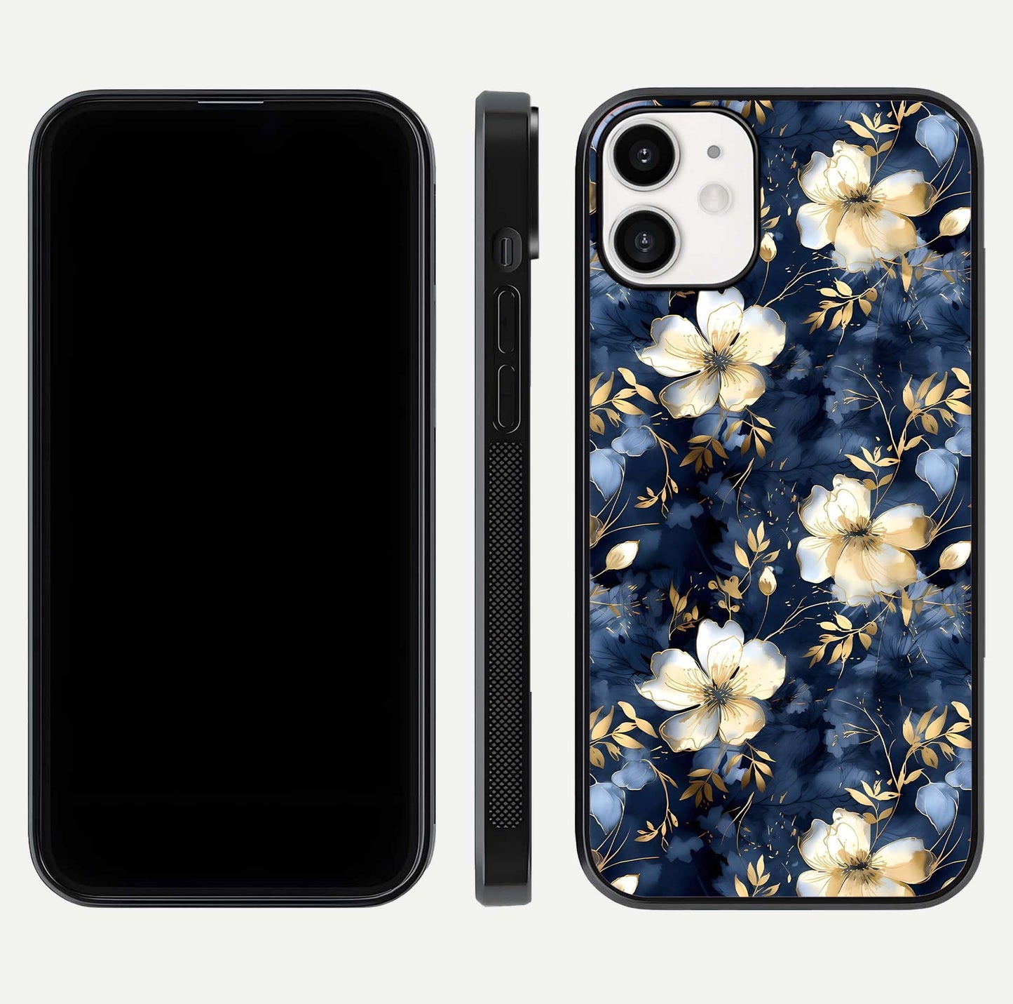 Golden Midnight Bloom Glass Case for iPhone 12 Mini front and back view layout highlighting dark-gold tones and smooth curves