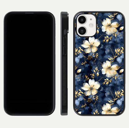 Golden Midnight Bloom Glass Case for iPhone 12 Mini front and back view layout highlighting dark-gold tones and smooth curves