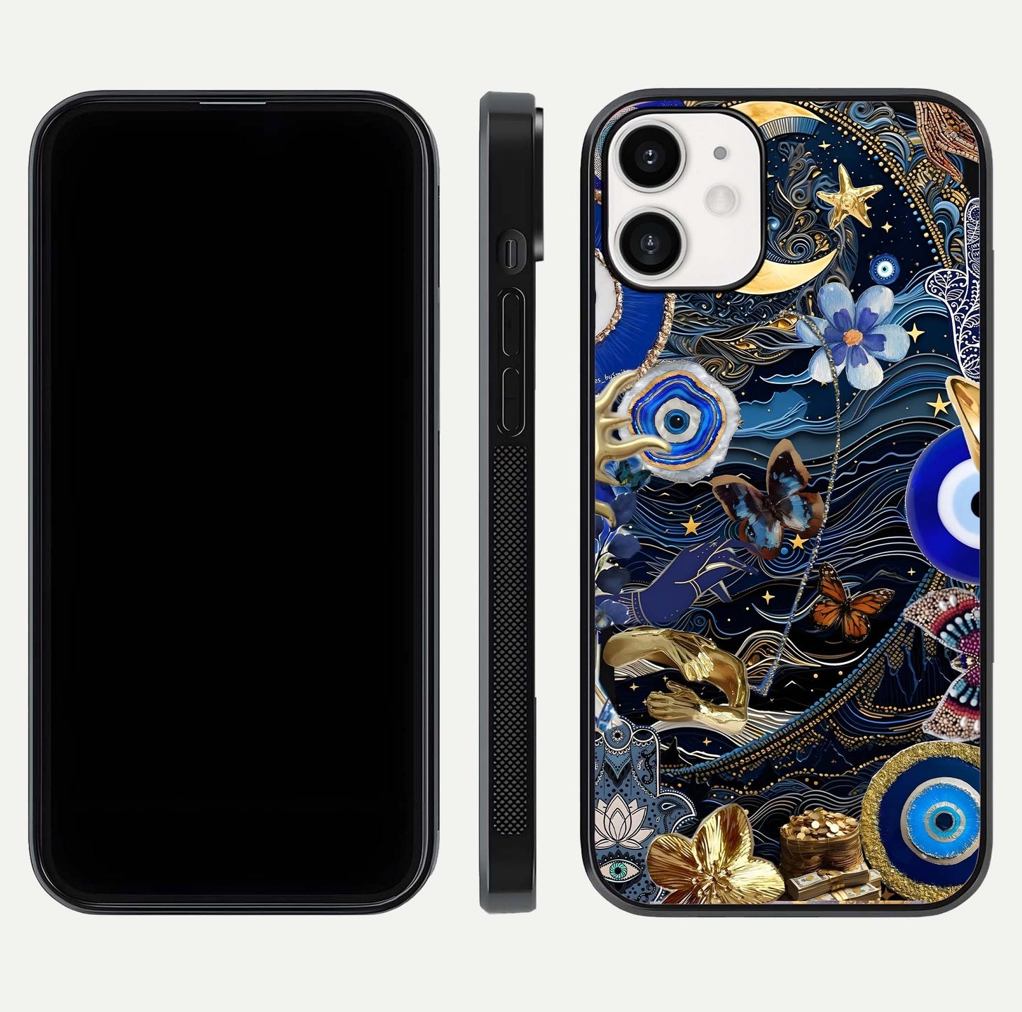 Golden Moon Magic Glass Case for iPhone 12 Mini front and back view layout highlighting celestial tones and curved glass