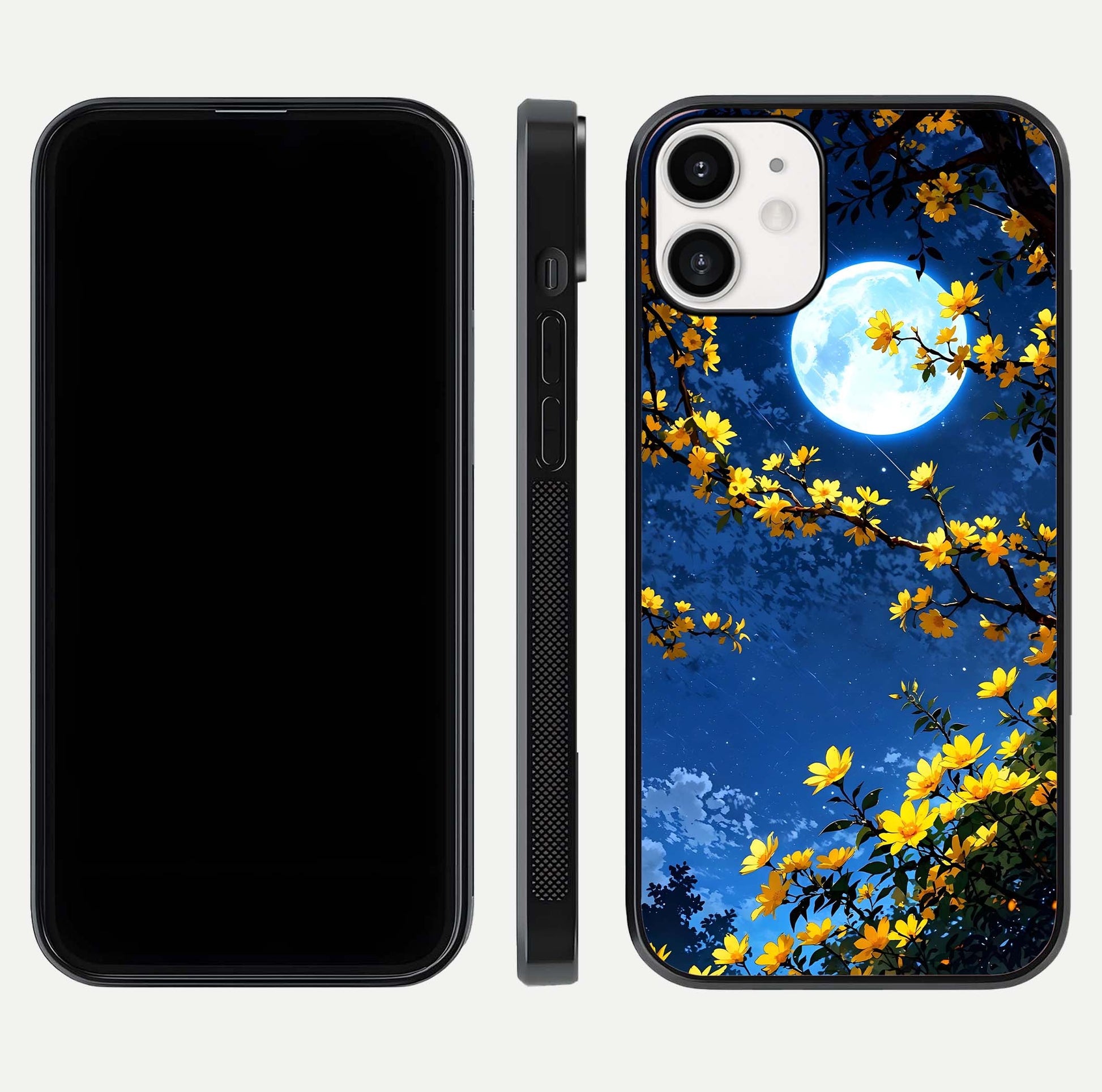Golden Night Glow Glass Case for iPhone 12 Mini front and back view layout displaying metallic glow and curved glass edge