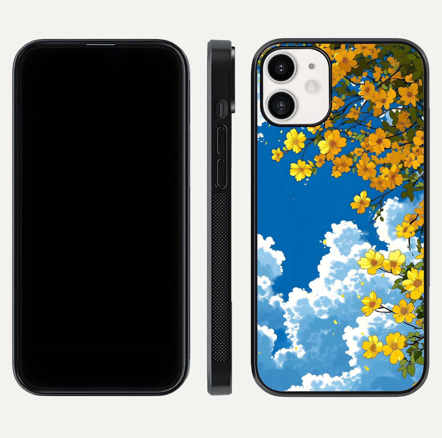 Golden Petal Sky Glass Case for iPhone 12 Mini front and back view layout highlighting floral pattern and curved glass edges