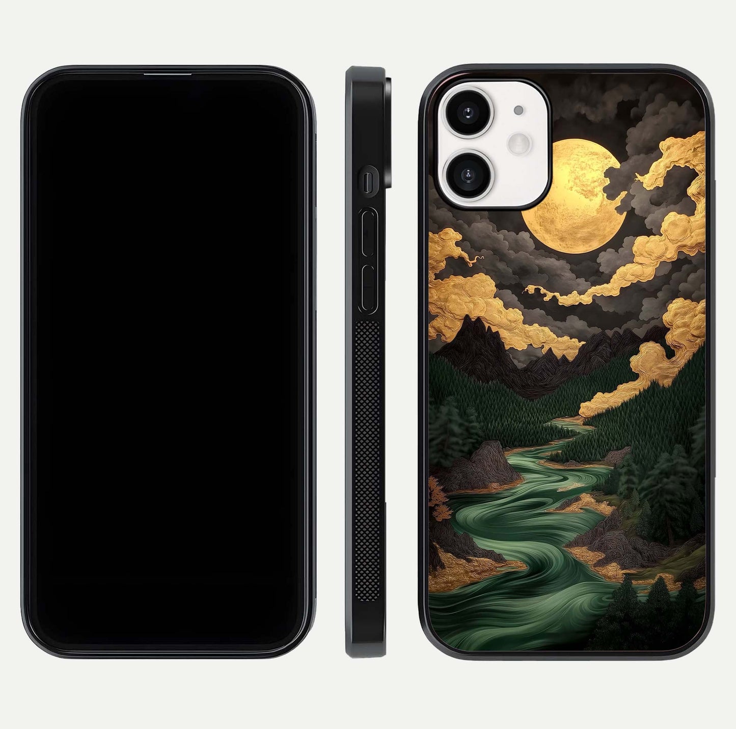 Golden River Moon Glass Case for iPhone 12 Mini front and back view layout displaying celestial glow and smooth curves