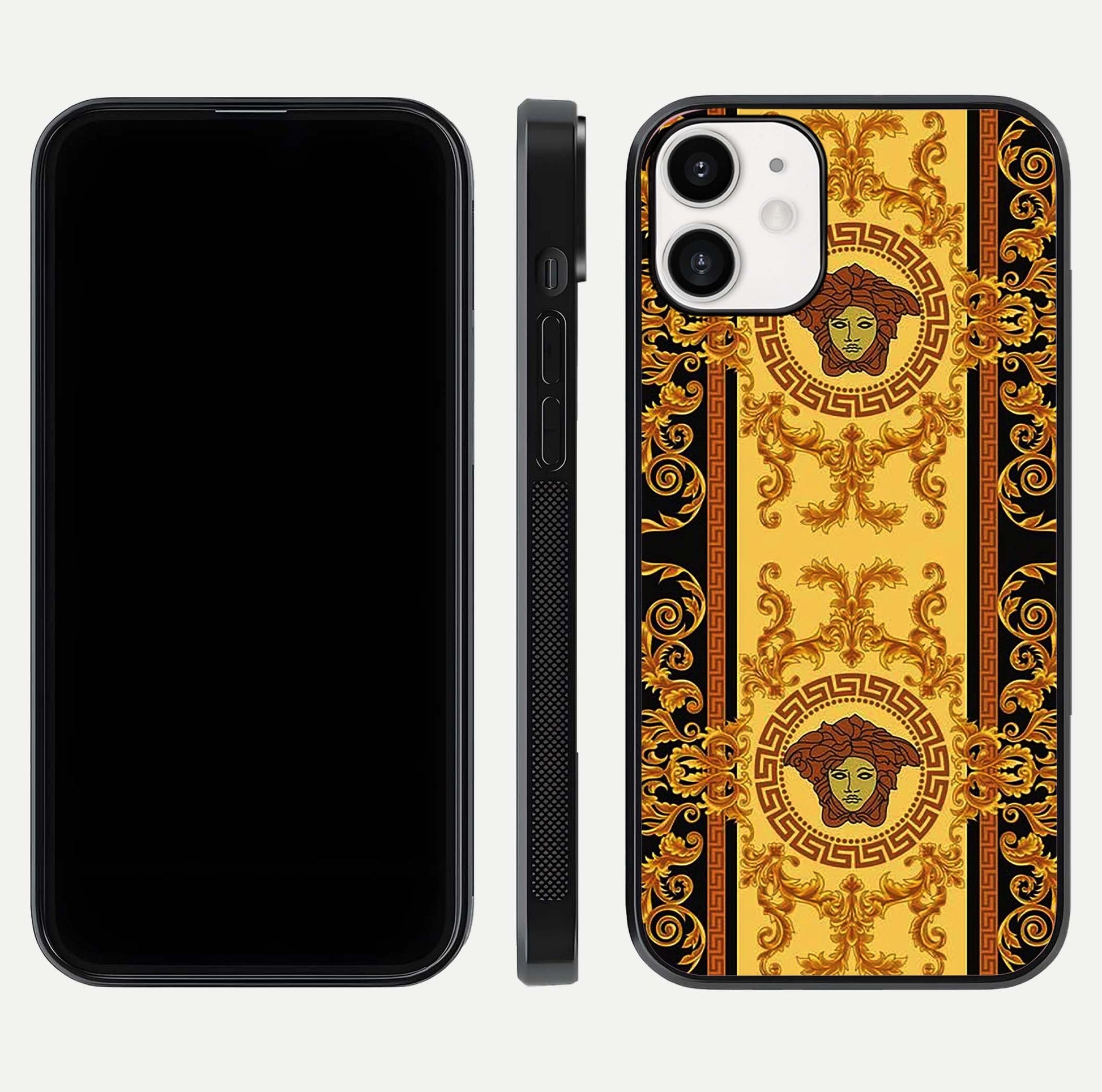 Golden Royal Heritage Glass Case for iPhone 12 Mini front and back view layout displaying ornate gold texture and curved edges
