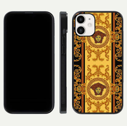 Golden Royal Heritage Glass Case for iPhone 12 Mini front and back view layout displaying ornate gold texture and curved edges
