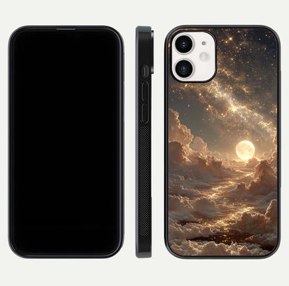 Golden Sky Dream Glass Case for iPhone 12 Mini front and back view layout highlighting celestial gold hues and curved glass