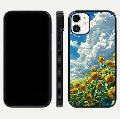 Golden Sun Glory Glass Case for iPhone 12 Mini front and back view layout displaying bright golden tones and curved edges