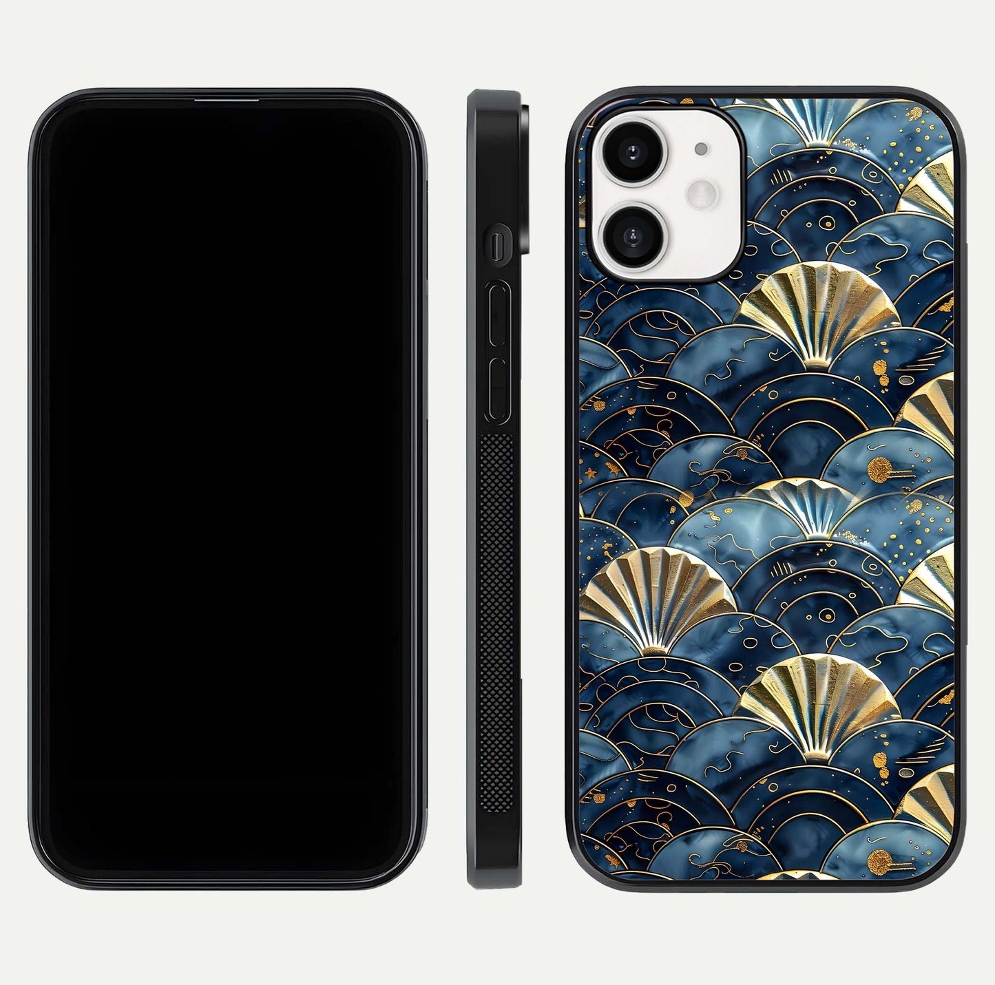 Golden Wave Luxe Glass Case for iPhone 12 Mini front and back view layout highlighting fluid gold design and curved glass