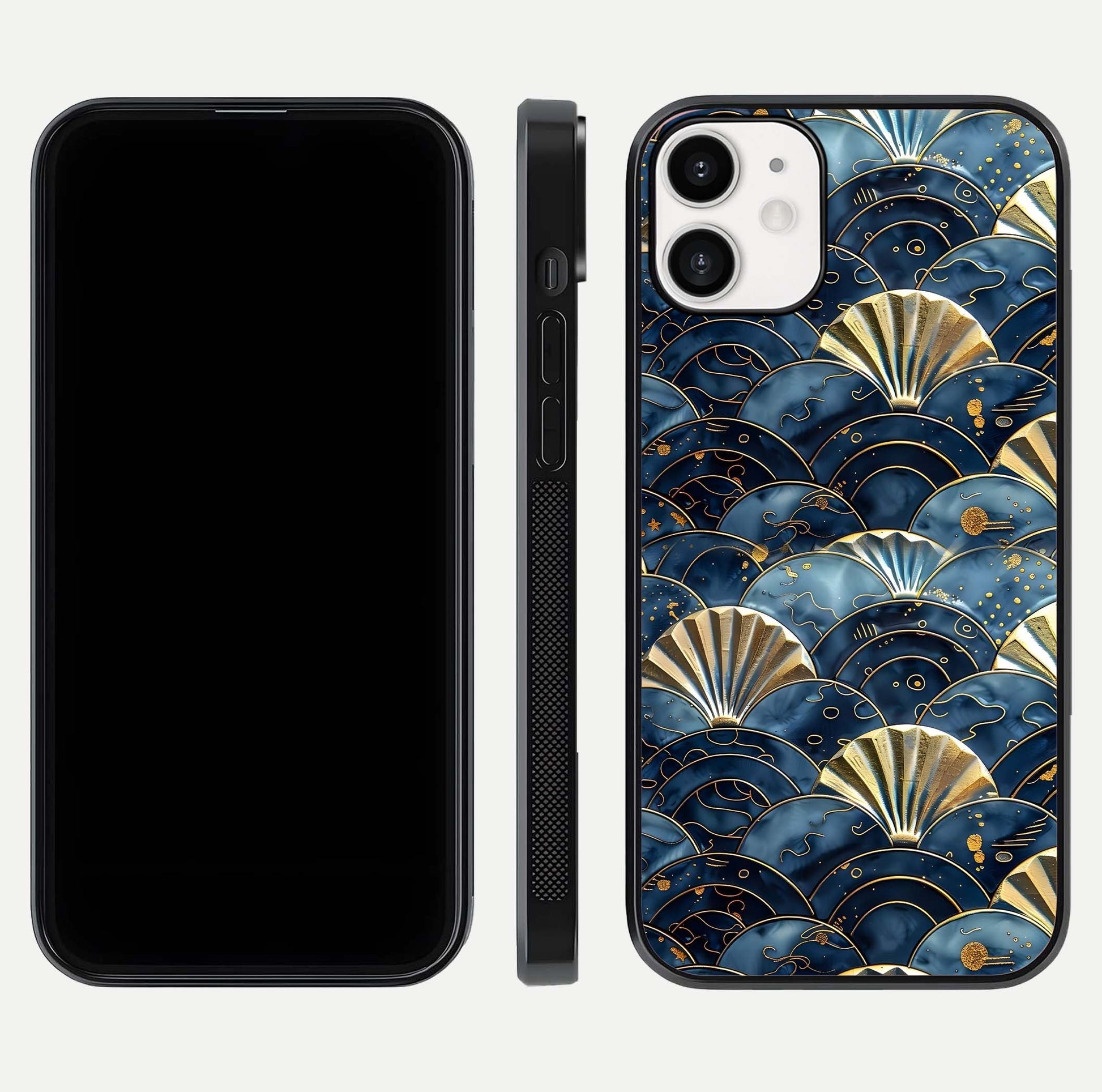 Golden Wave Luxe Glass Case for iPhone 12 Mini front and back view layout highlighting fluid gold design and curved glass