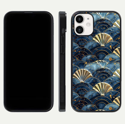 Golden Wave Luxe Glass Case for iPhone 12 Mini front and back view layout highlighting fluid gold design and curved glass