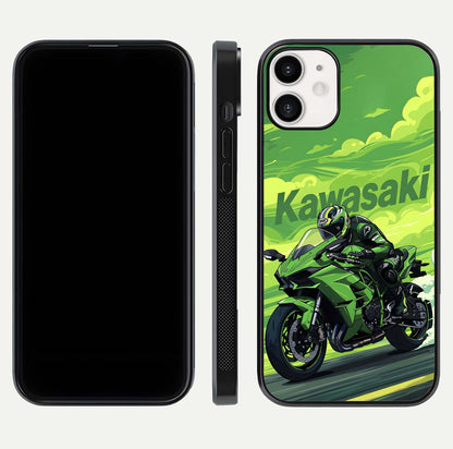 Green Kawasaki Glass Case for iPhone 12 Mini front and back view layout highlighting vivid green tones and curved glass edges