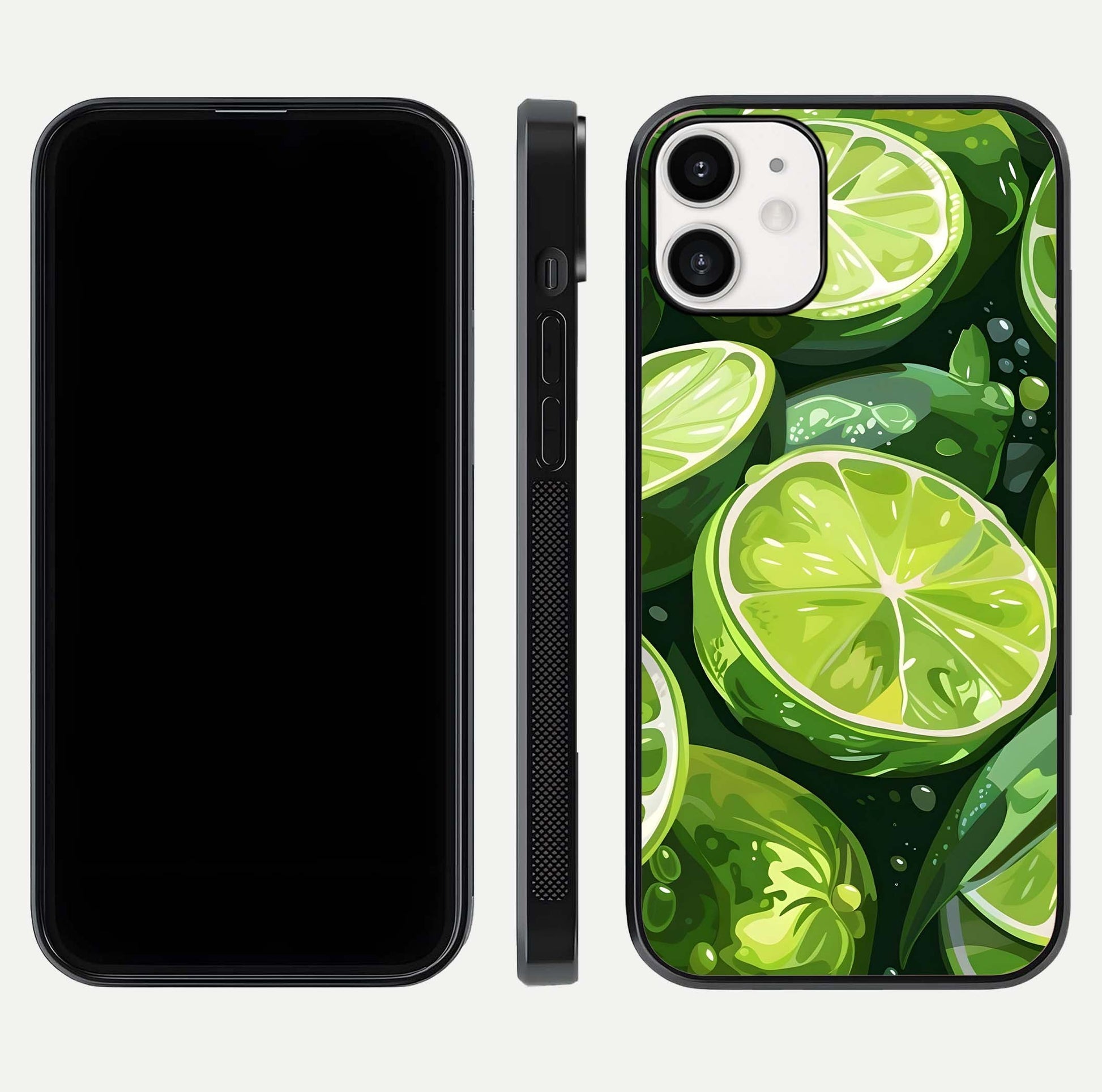 Green Lemon Glass Case for iPhone 12 Mini front and back view layout displaying vibrant yellow-green hues and smooth edges