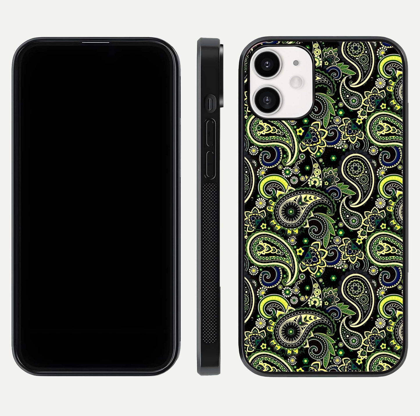 Green Mandala Pattern Glass Case for iPhone 12 Mini front and back view layout highlighting geometric art and curved glass