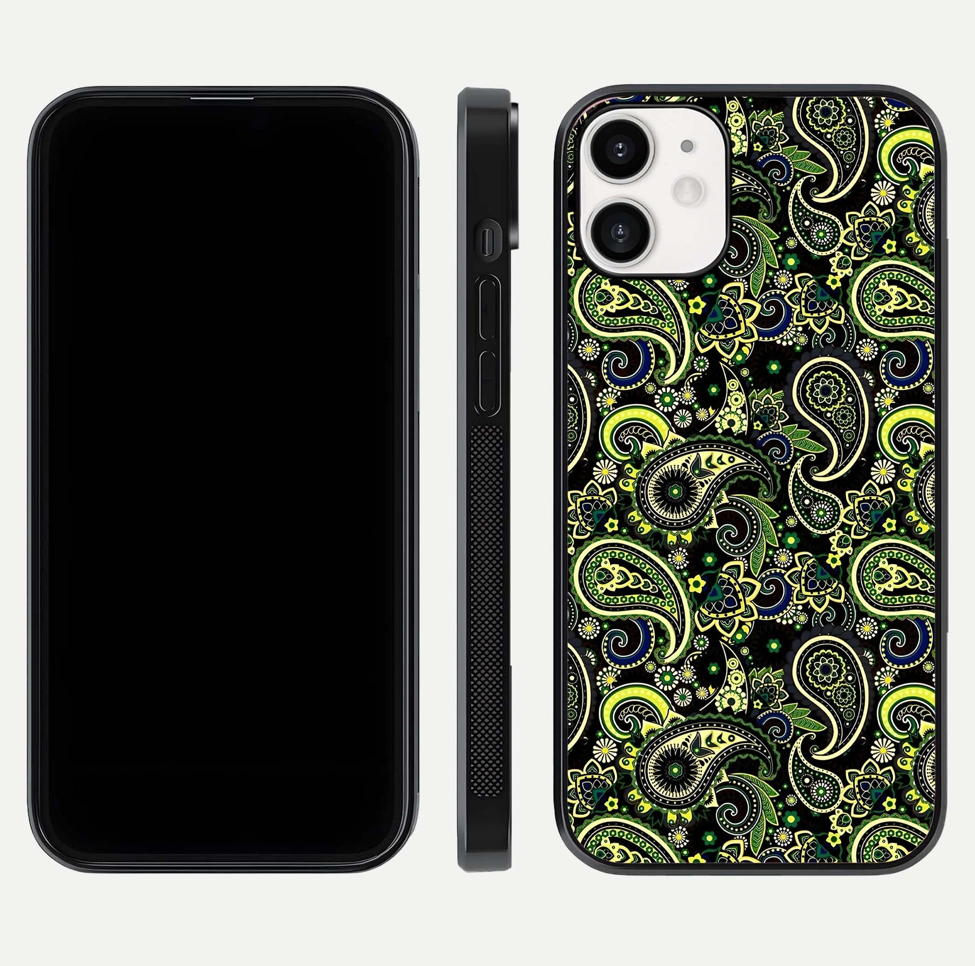 Green Mandala Pattern Glass Case for iPhone 12 Mini front and back view layout highlighting geometric art and curved glass