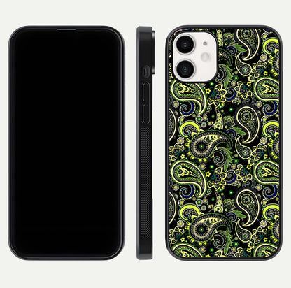 Green Mandala Pattern Glass Case for iPhone 12 Mini front and back view layout highlighting geometric art and curved glass