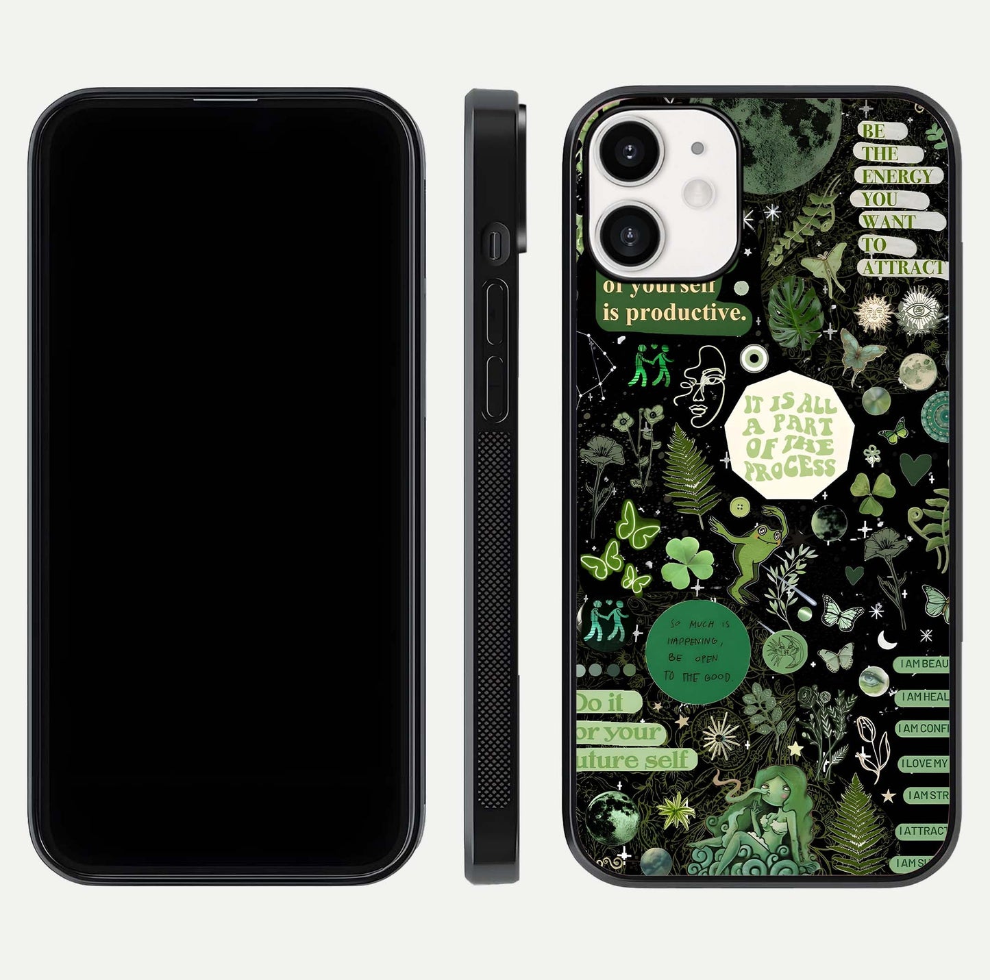 Green Moon Energy Glass Case for iPhone 12 Mini front and back view layout highlighting cosmic tones and smooth edges
