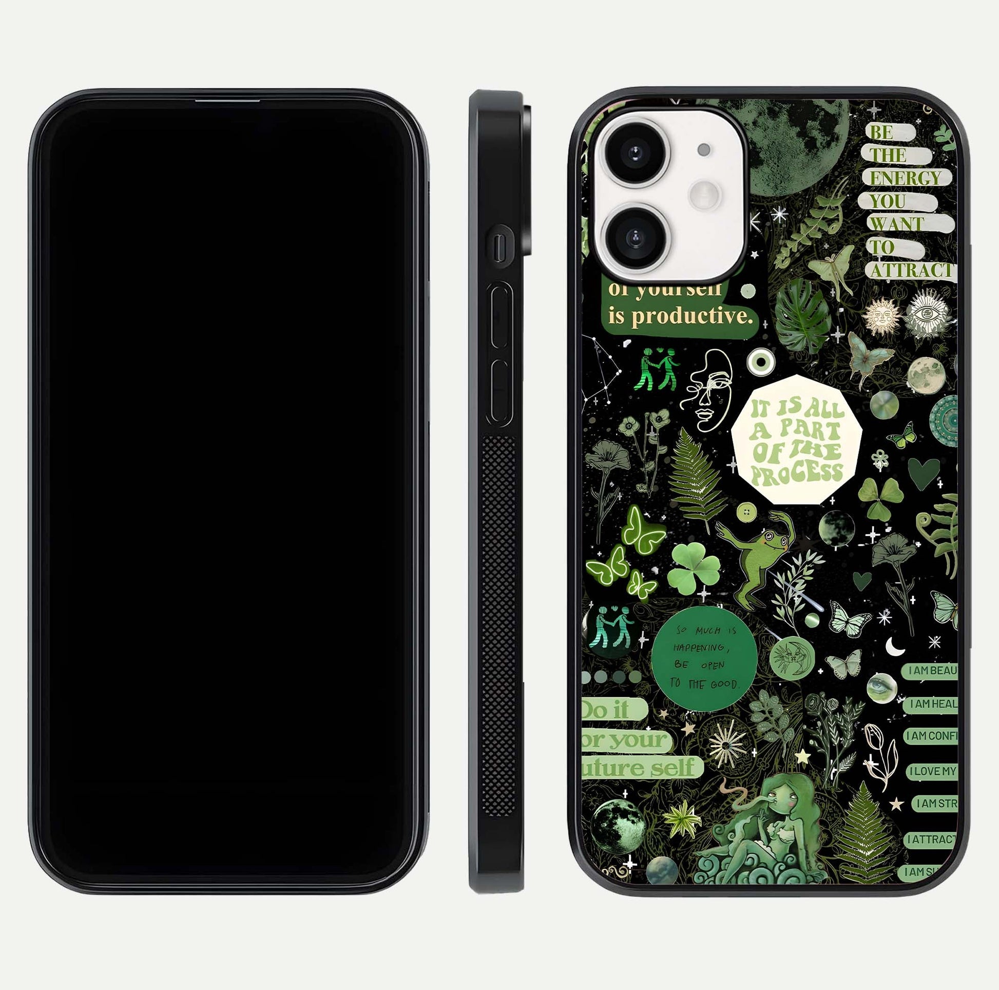 Green Moon Energy Glass Case for iPhone 12 Mini front and back view layout highlighting cosmic tones and smooth edges