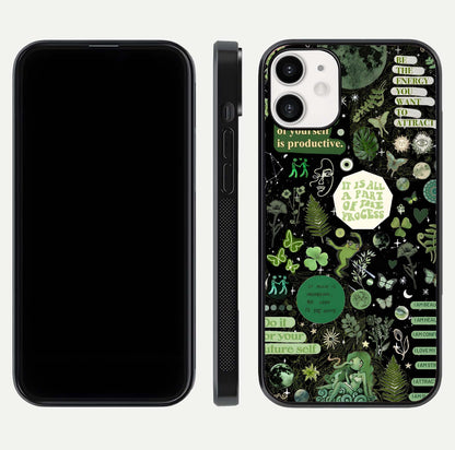 Green Moon Energy Glass Case for iPhone 12 Mini front and back view layout highlighting cosmic tones and smooth edges