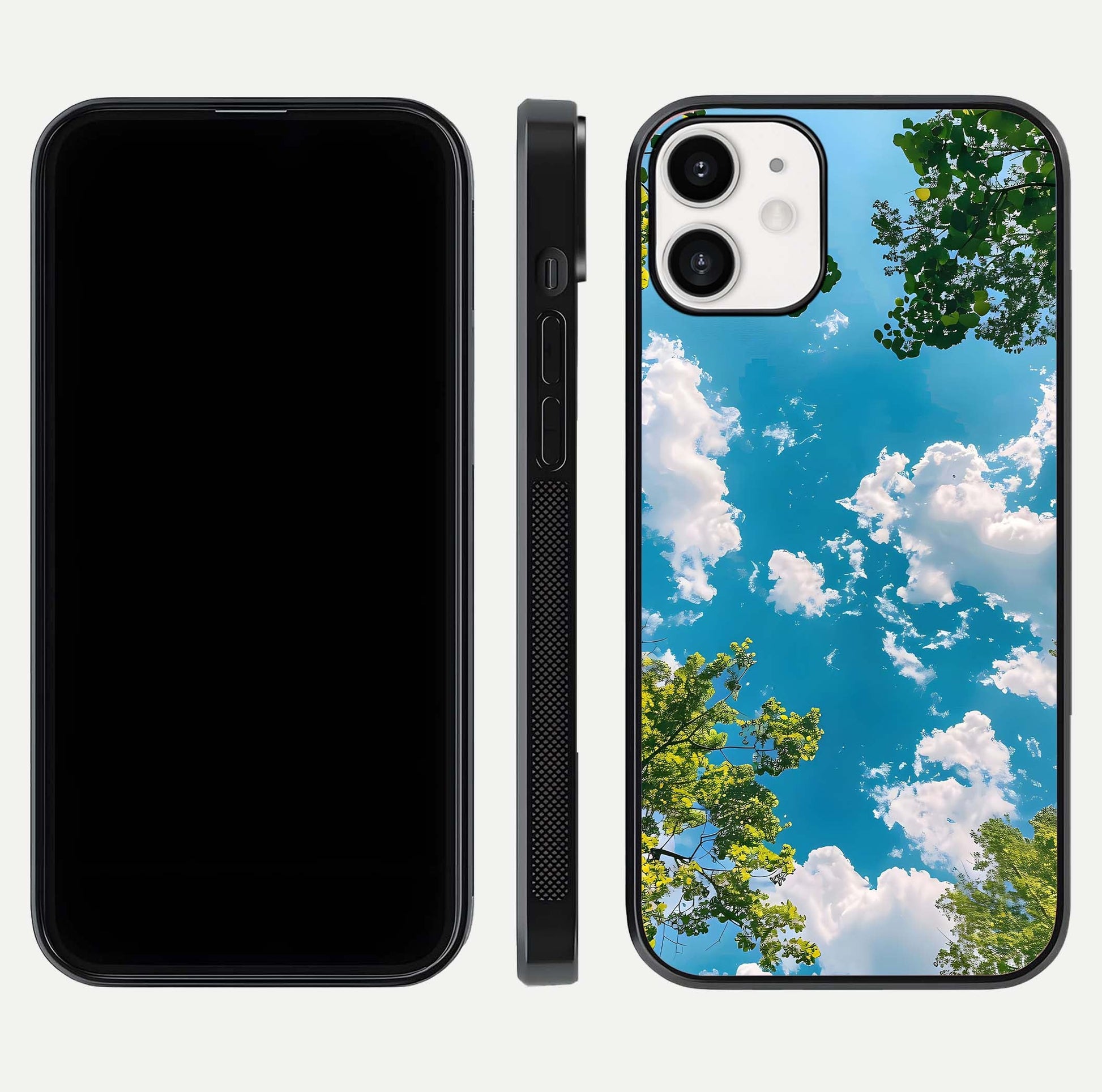 Greenery Sky Glass Case for iPhone 12 Mini front and back view layout displaying scenic green-blue gradient and curved edges