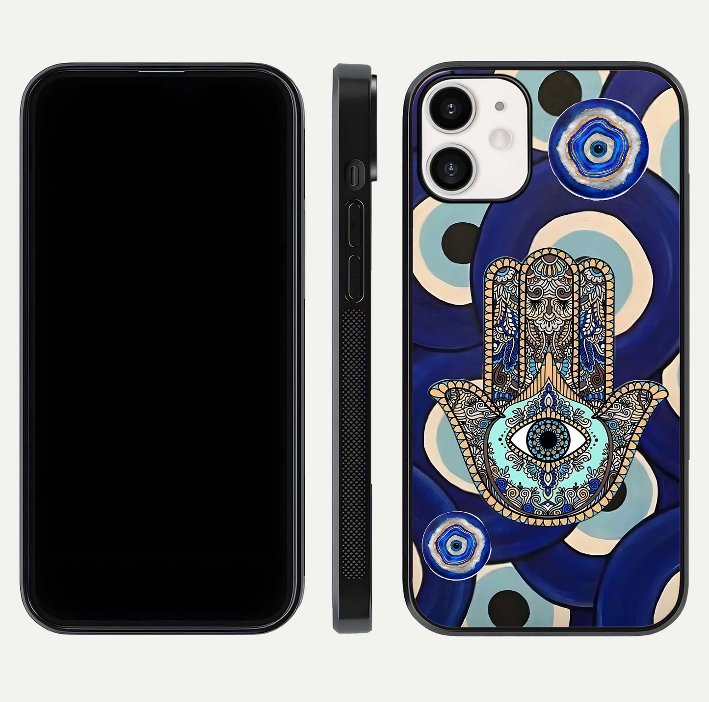 Hamsa Divine Guard Glass Case for iPhone 12 Mini front and back view layout highlighting spiritual artwork and smooth edges
